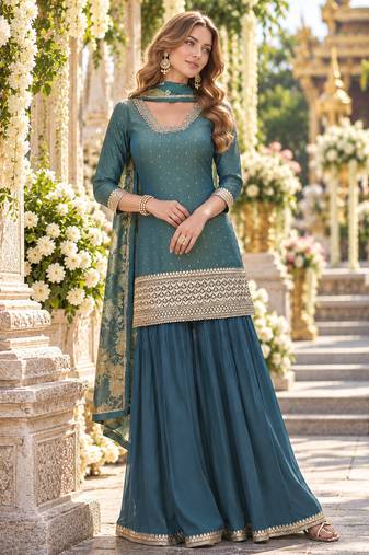 Teal shimmer readymade suit with embroidery work
