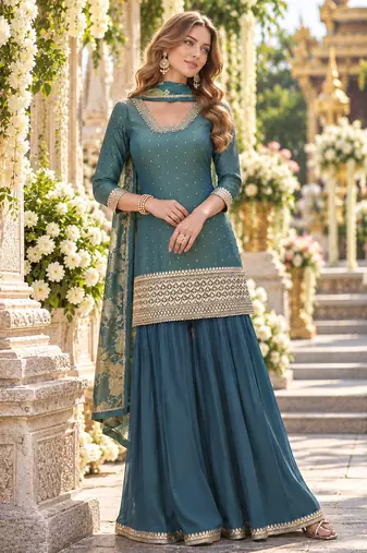 Teal shimmer readymade suit with embroidery work