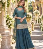 Teal shimmer readymade suit with embroidery work