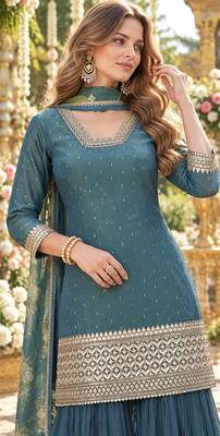 Teal shimmer readymade suit with embroidery work 2