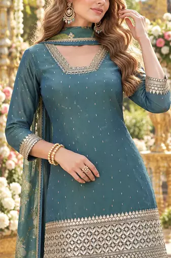 Teal shimmer readymade suit with embroidery work