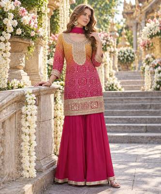 Rani&mustard shimmer readymade suit with embroidery work 1