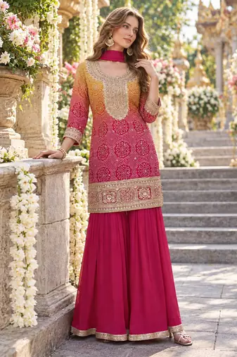 Rani&mustard shimmer readymade suit with embroidery work