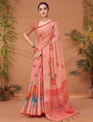 Pink printed saree with matching blouse 1