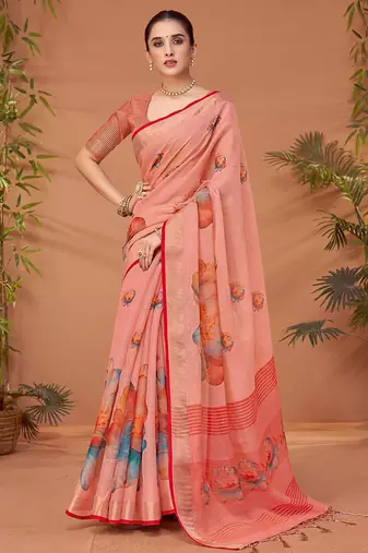 Pink printed saree with matching blouse