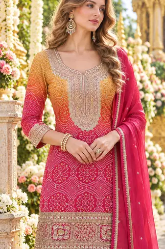 Rani&mustard shimmer readymade suit with embroidery work
