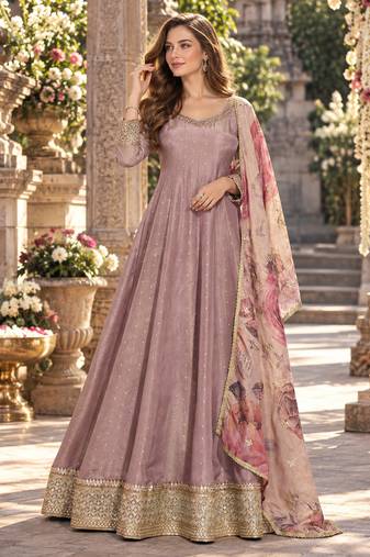 Levender viscose readymade anarkali suit with embroidery work