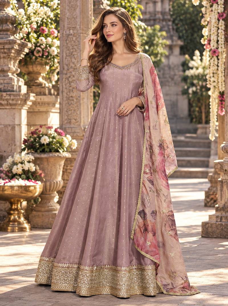 Levender viscose readymade anarkali suit with embroidery work