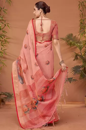 Pink printed saree with matching blouse