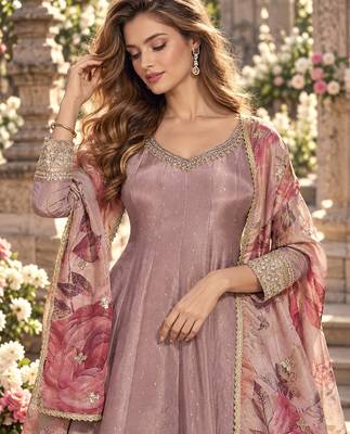 Levender viscose readymade anarkali suit with embroidery work 2