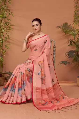 Pink printed saree with matching blouse