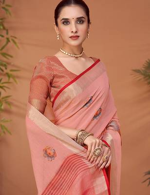 Pink printed saree with matching blouse 4