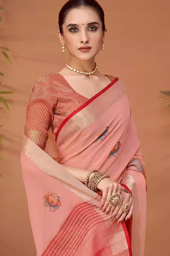 Pink printed saree with matching blouse