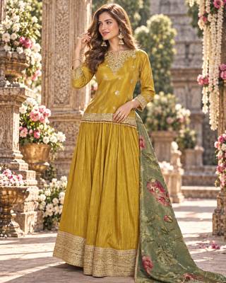 Mustard viscose readymade suit with embroidery work 1