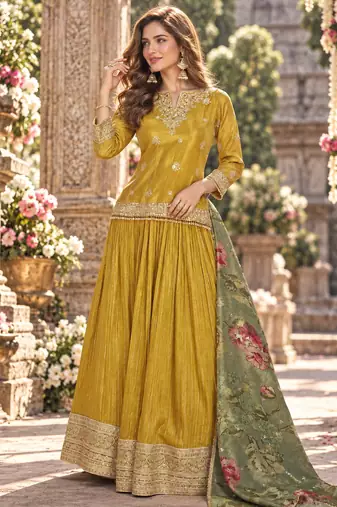 Mustard viscose readymade suit with embroidery work