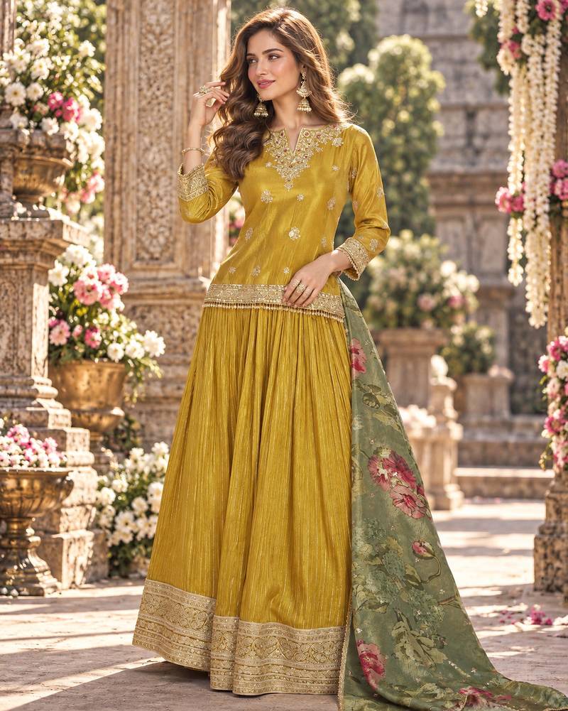 Mustard viscose readymade suit with embroidery work
