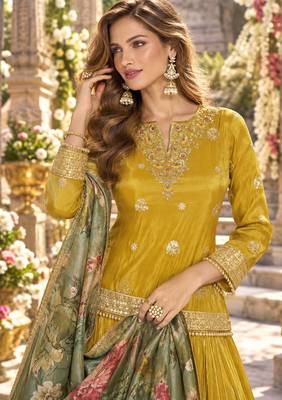 Mustard viscose readymade suit with embroidery work 2