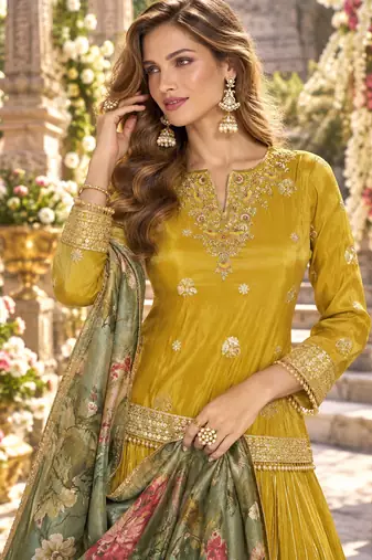 Mustard viscose readymade suit with embroidery work