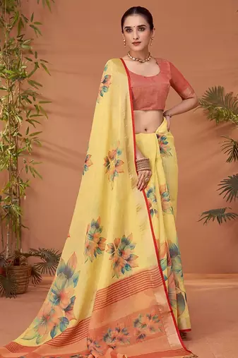Yellow floral printed saree with matching blouse