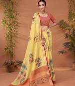 Yellow floral printed saree with matching blouse