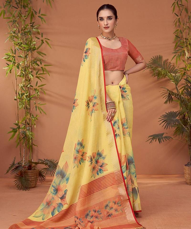 Yellow floral printed saree with matching blouse