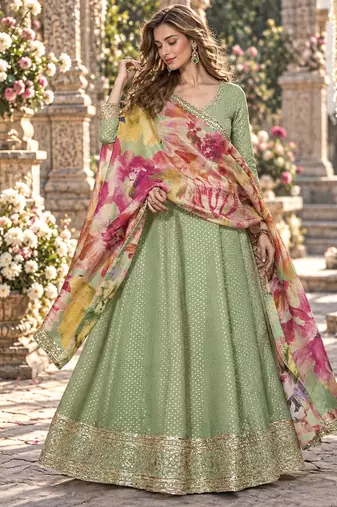 Sage viscose readymade anarkali suit with embroidery work