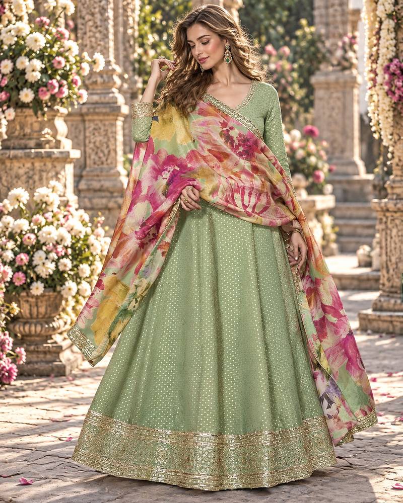 Sage viscose readymade anarkali suit with embroidery work
