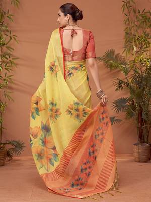 Yellow floral printed saree with matching blouse 2