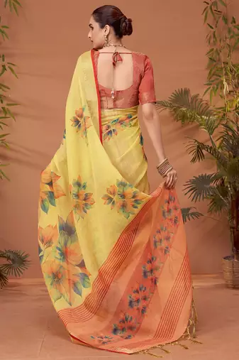 Yellow floral printed saree with matching blouse