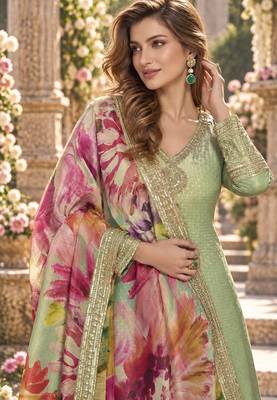 Sage viscose readymade anarkali suit with embroidery work 2
