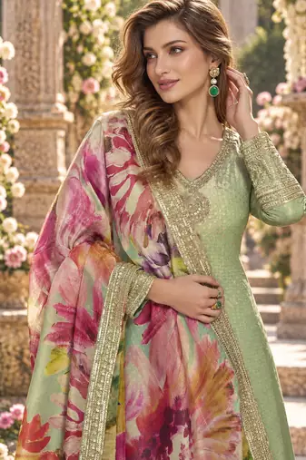 Sage viscose readymade anarkali suit with embroidery work