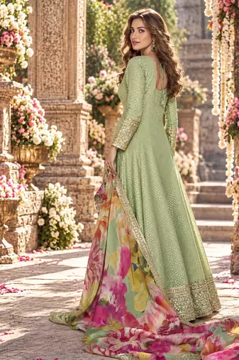 Sage viscose readymade anarkali suit with embroidery work