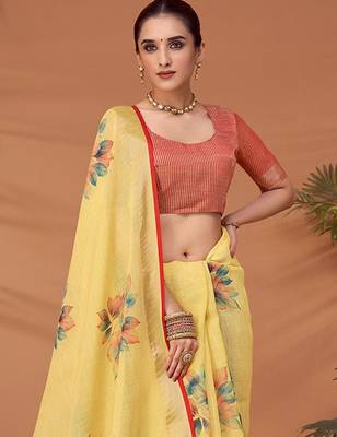 Yellow floral printed saree with matching blouse 3
