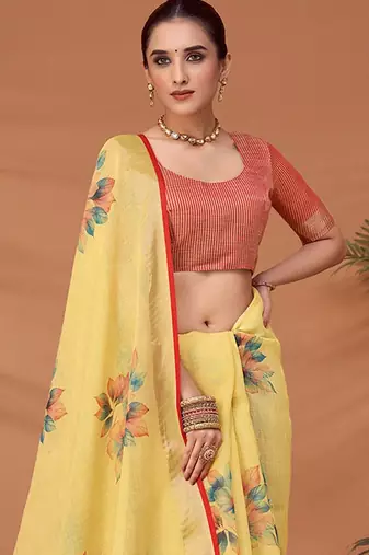 Yellow floral printed saree with matching blouse