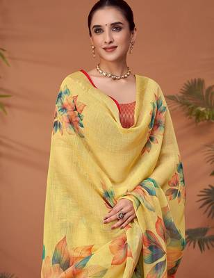 Yellow floral printed saree with matching blouse 4