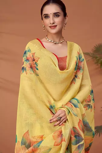 Yellow floral printed saree with matching blouse