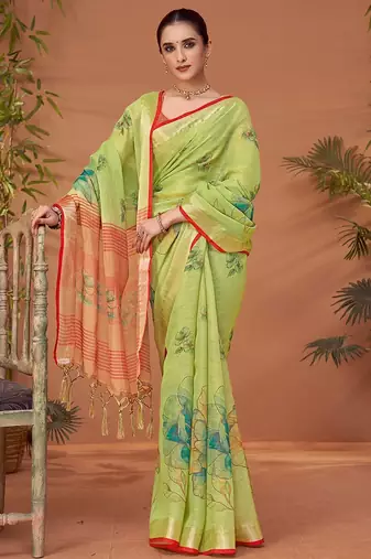 Green women floral printed block print saree with matching blouse