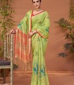 Green women floral printed block print saree with matching blouse