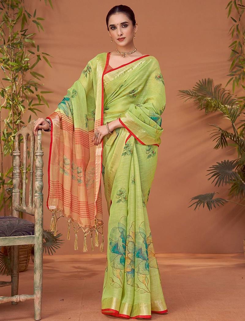 Green women floral printed block print saree with matching blouse