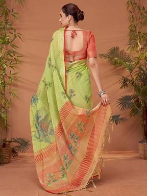 Green women floral printed block print saree with matching blouse 2