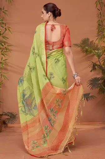 Green women floral printed block print saree with matching blouse