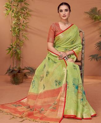 Green women floral printed block print saree with matching blouse 3