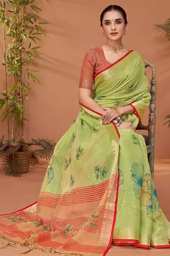 Green women floral printed block print saree with matching blouse