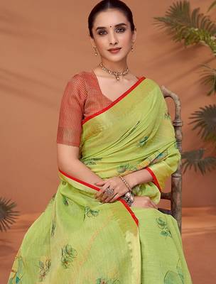 Green women floral printed block print saree with matching blouse 4