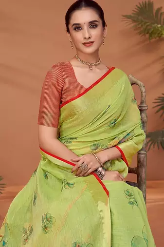 Green women floral printed block print saree with matching blouse