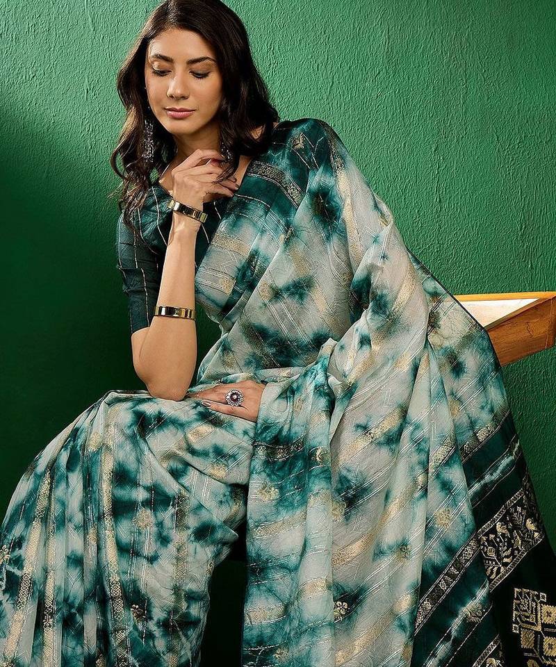 Green green ethnic motifs woven design dyed banarasi sarees