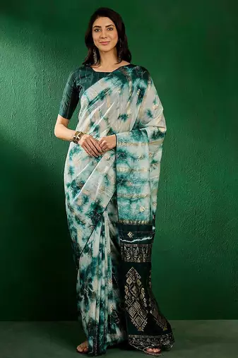 Green green ethnic motifs woven design dyed banarasi sarees