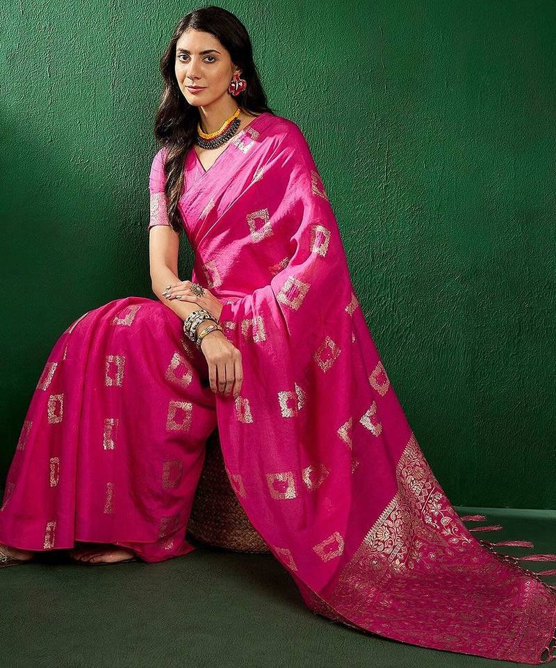 Pink ethnic motifs woven design sequined banarasi sarees