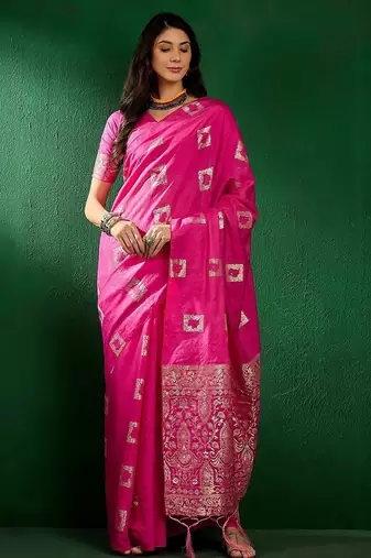 Pink ethnic motifs woven design sequined banarasi sarees
