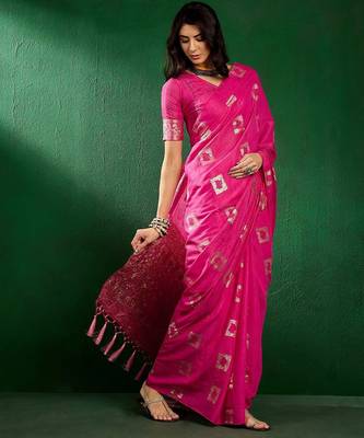 Pink ethnic motifs woven design sequined banarasi sarees 3